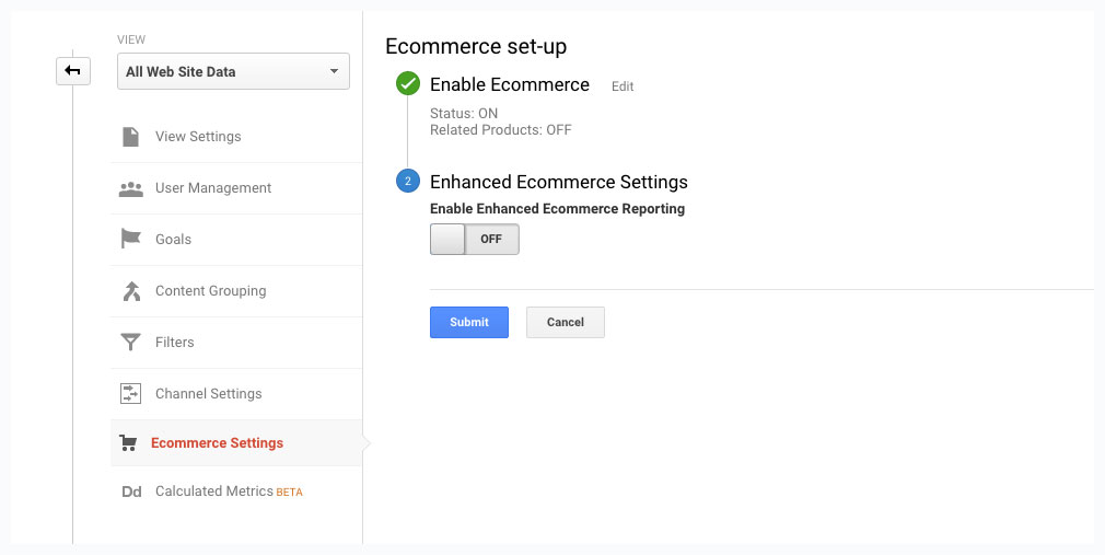 Google Analytics Ecommerce Settings