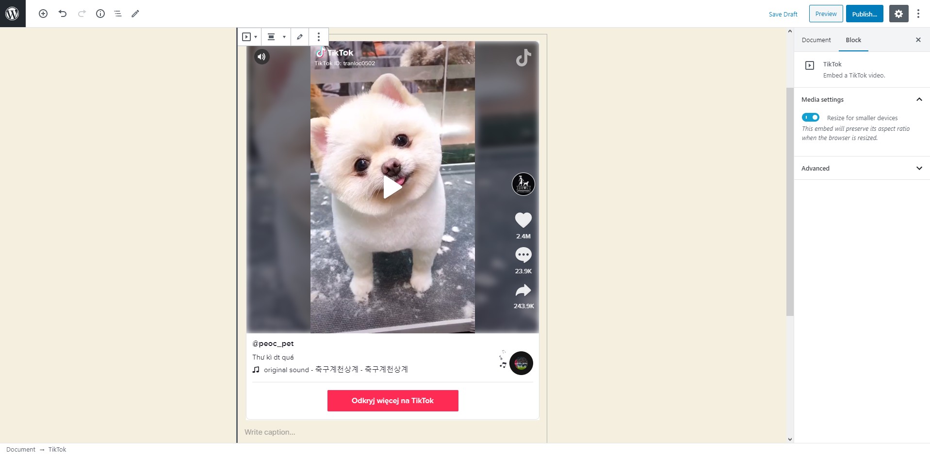 WordPress 5.4 will introduce an option to embed TikTok videos into your posts.